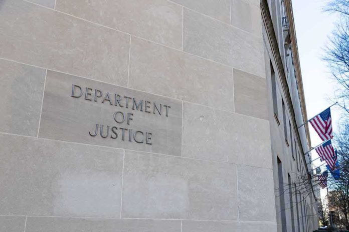 Department of Justice building exterior with American flags