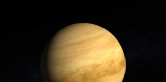 Planet with yellowish cloud bands in space