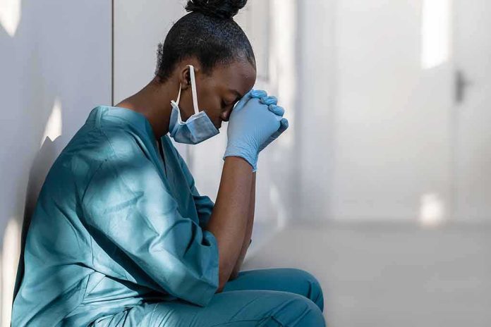 shutterstock_1761627959 Healthcare worker in scrubs sitting against a wall with head bowed