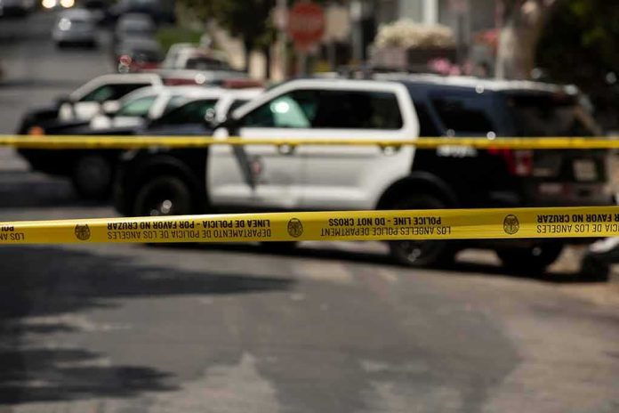 shutterstock_1980603047 Police tape cordoning off street with patrol SUVs behind