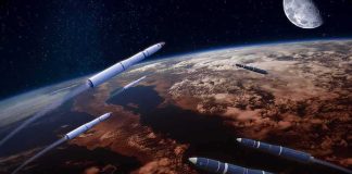 Multiple rockets streak above Earth with the Moon in the background