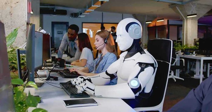 Robot and office workers at computers in a modern workspace
