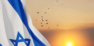 Israeli flag waving at sunset with birds in the sky