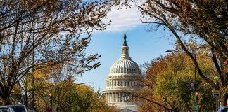 Military Complex Hides In Monument? United States Capitol dome framed by a tree-lined street