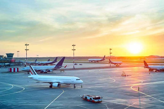 Airplanes on airport tarmac at sunset