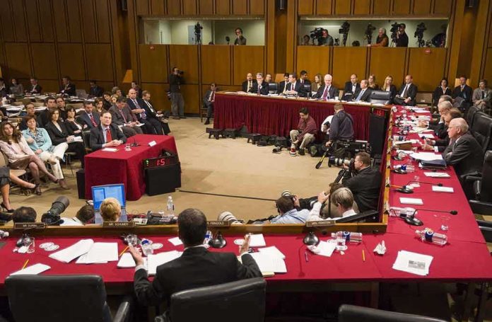 Patrick Leahy and Samuel Alito at a Senate hearing with committee and press present
