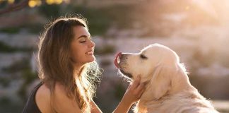 Woman petting a golden retriever at sunset