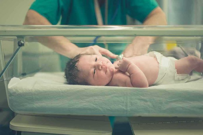 Newborn baby in hospital bassinet being cared for by nurse