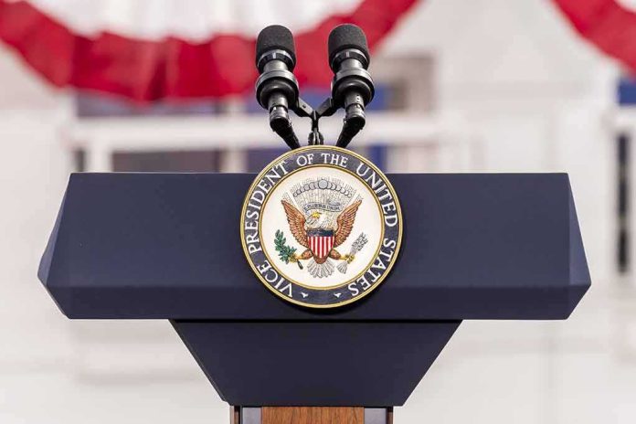 shutterstock_638168197 podium with microphones and U.S. vice presidential seal
