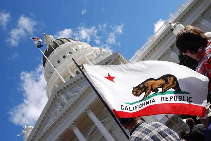 California state flag in front of a white domed capitol building
