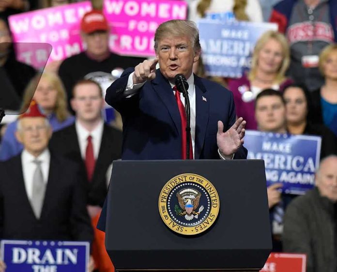 Donald Trump speaking at a rally podium, pointing toward the audience