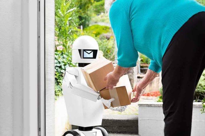 shutterstock_1497242750 Delivery robot handing packages to a person at a doorstep