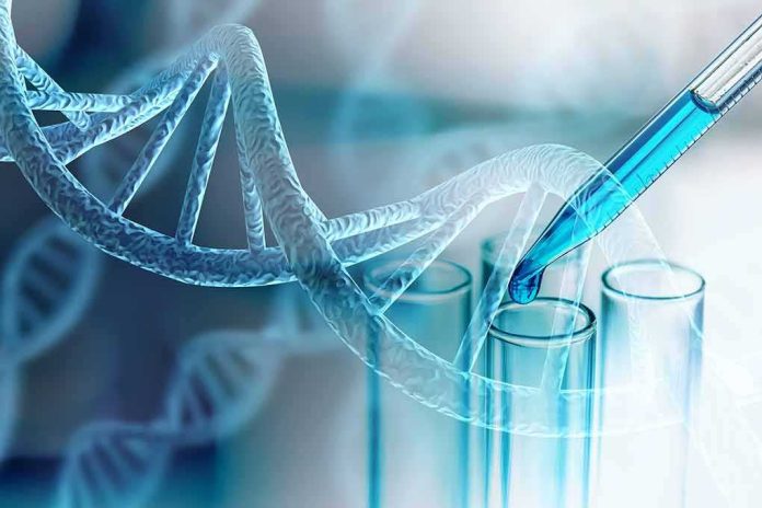 shutterstock_1663373071 DNA helix with pipette over test tubes