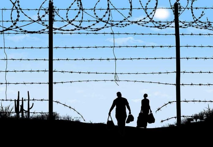 Silhouettes of two people walking by a barbed wire fence