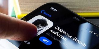 Smartphone screen showing Clubhouse app page with a finger about to tap Get