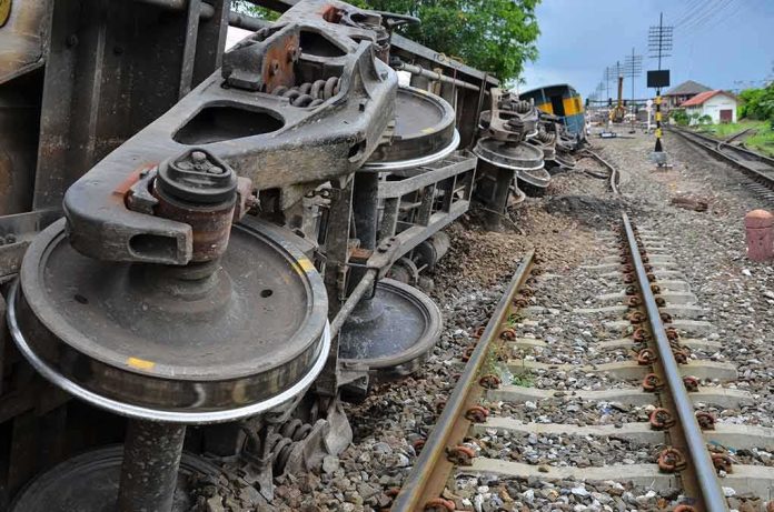 shutterstock_675668563 Overturned train cars beside railway tracks